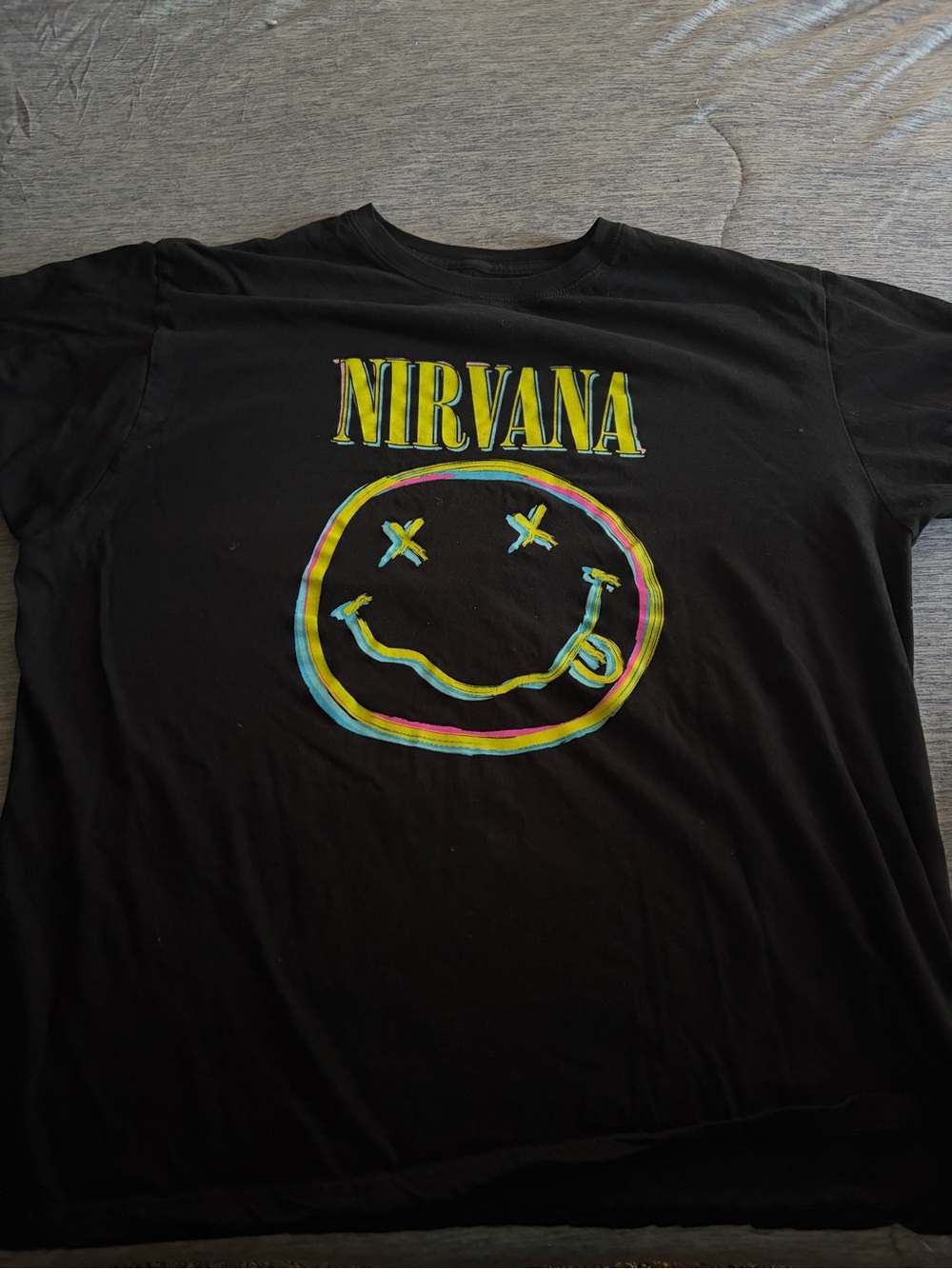 NIRVANA Black Tee with Yellow and Cyan Neon Smiley